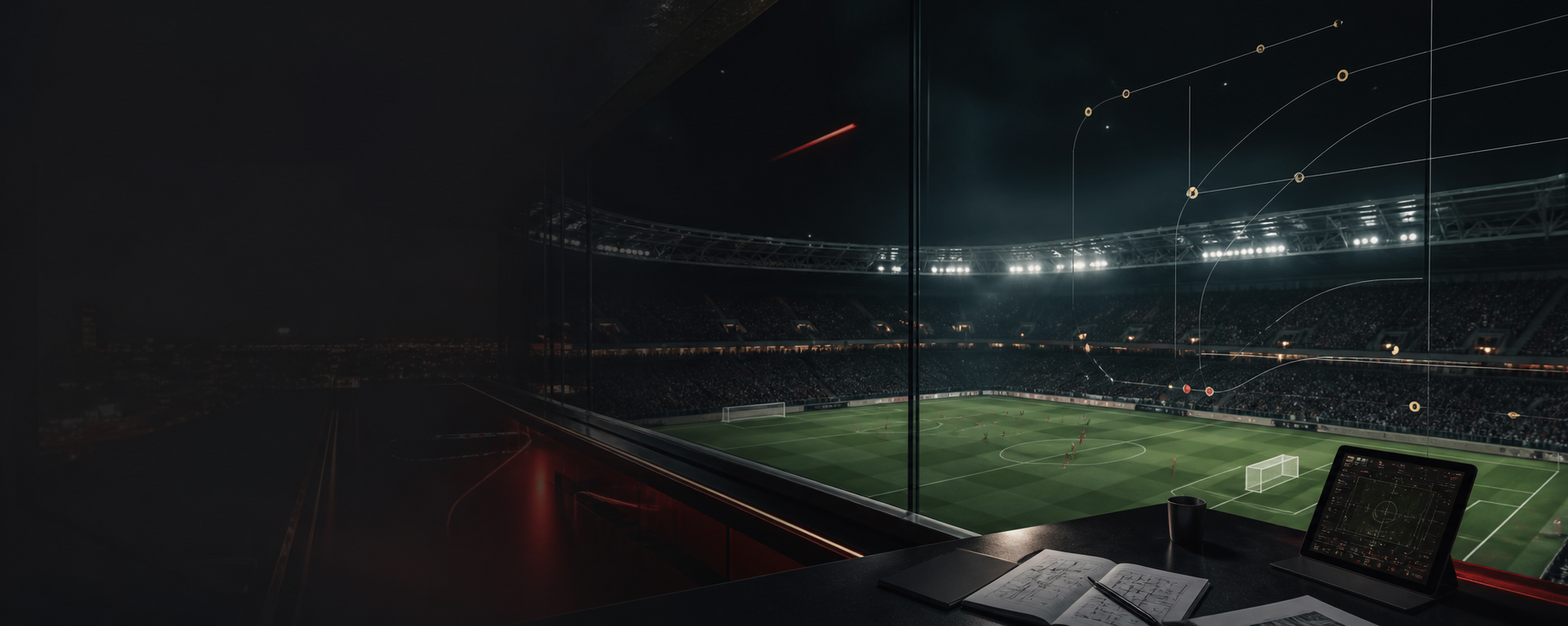 Professional football analysis suite overlooking a stadium